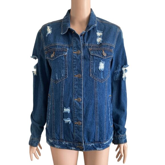 #10 Wax Jeans Denim Jacket Womens Medium Dark Wash Distressed - Picture 1 of 8